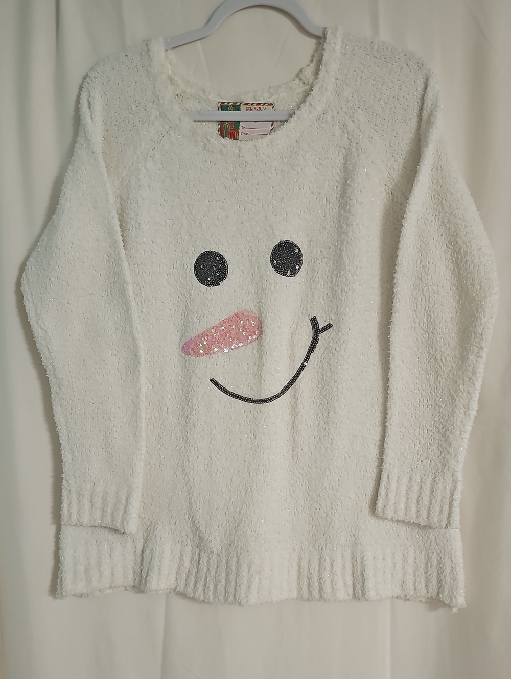 Cozy Snowman Sequin Pullover Sweater - White